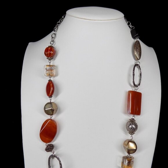 Premier Designs Long Necklace Black Orange Carnelian Agate Gemstone Silver-tone - Picture 6 of 13